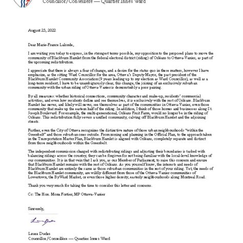 Letter to MP Lalonde